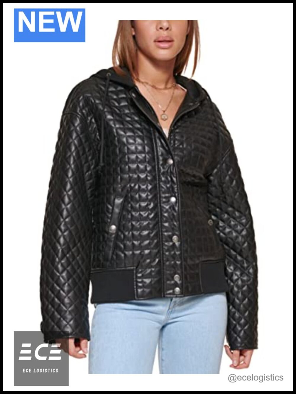 Faux Leather Box Quilted Jacket with Jersey Hood Relaxed Fit